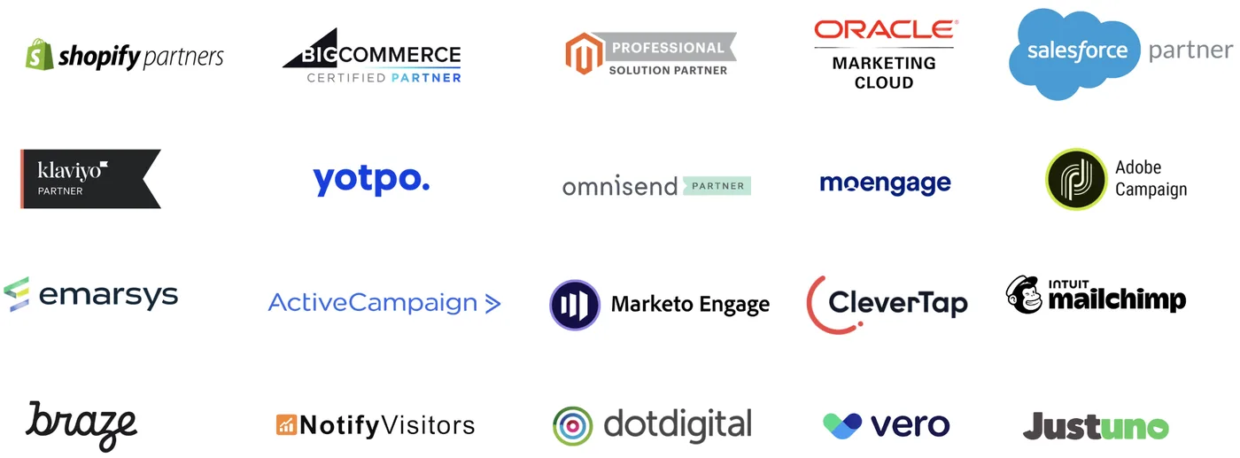 Ecommerce and messaging platforms RetainUP works with, including Shopify, Klaviyo, Recharge, Skio, Stay AI and Loop