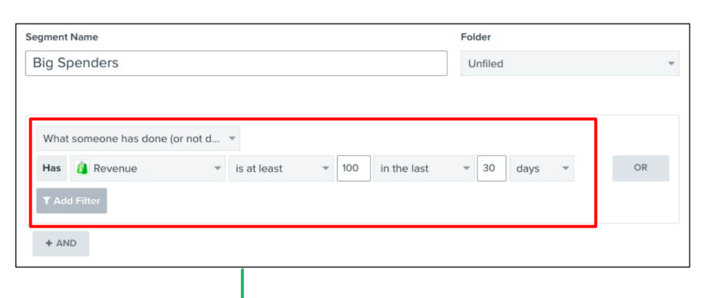 Klaviyo segment builder for Big Spenders, revenue of at least 100 in 30 days