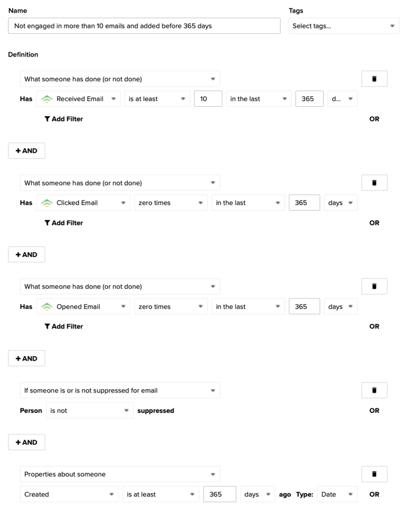 Klaviyo segment conditions for a not engaged audience with no opens or clicks in 365 days