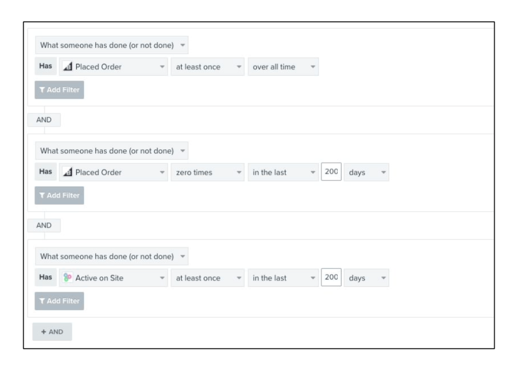 Klaviyo segment conditions for a winback audience who placed an order but not recently