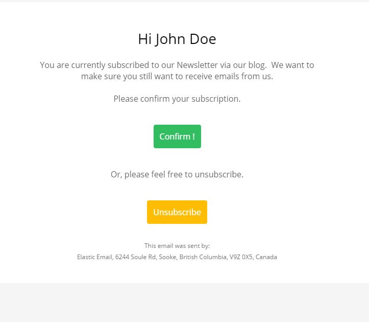 Plain email asking a subscriber to confirm their subscription with confirm and unsubscribe buttons
