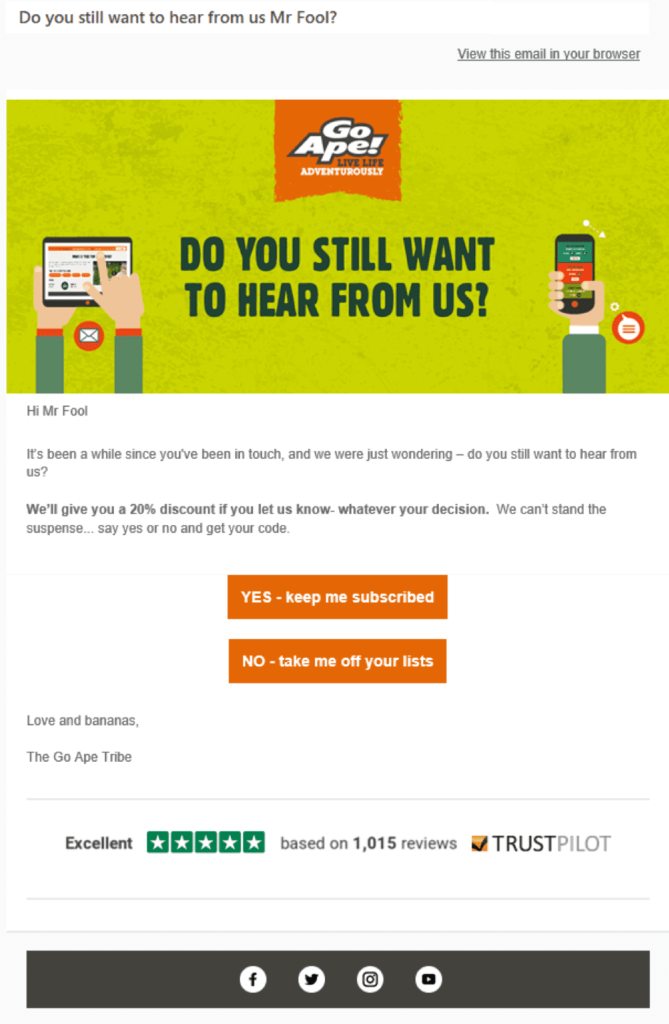Go Ape email asking Do you still want to hear from us, with two buttons
