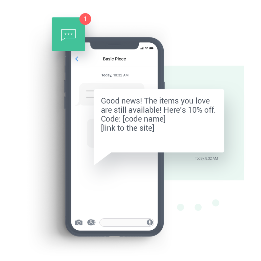 SMS browse abandonment text saying the items you love are still available with 10% off code