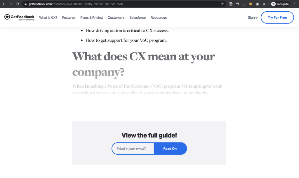 GetFeedback article with an inline content blocker offering to view the full guide