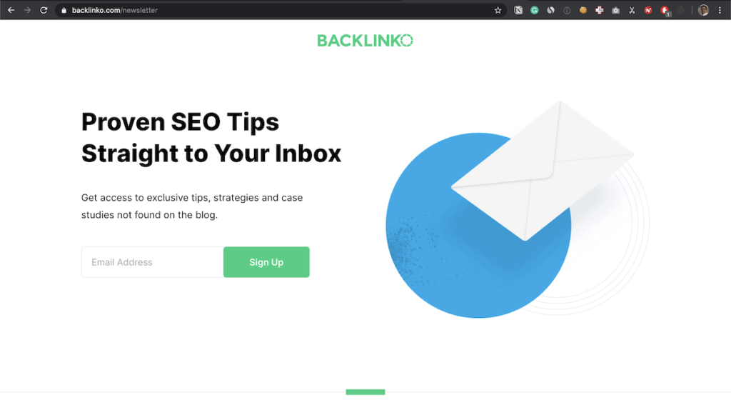 Backlinko dedicated newsletter page with Proven SEO Tips Straight to Your Inbox signup