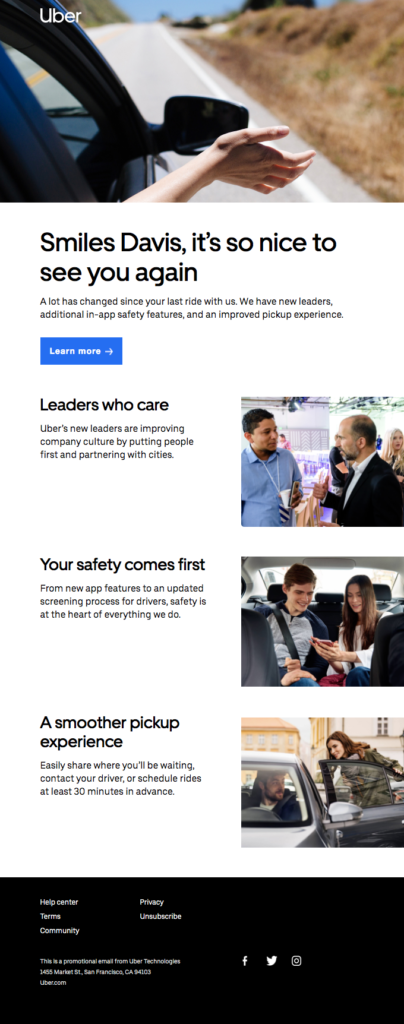 Uber reactivation email saying its so nice to see you again with safety highlights