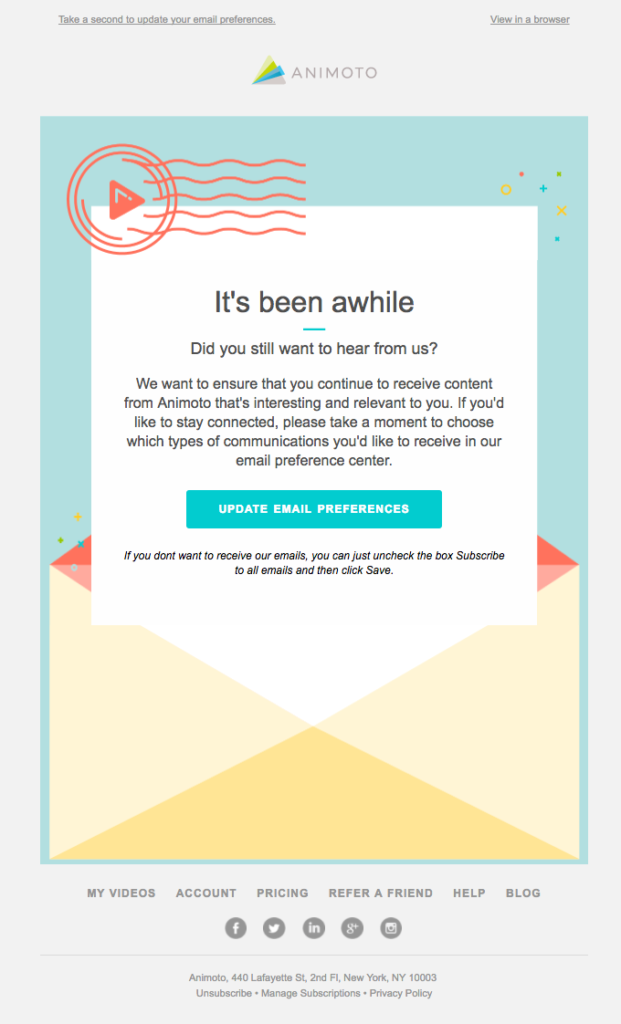 Win back email saying Its been awhile, asking if you still want to hear