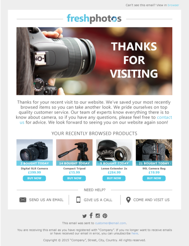 FreshPhotos thank you for visiting email showing recently browsed camera products