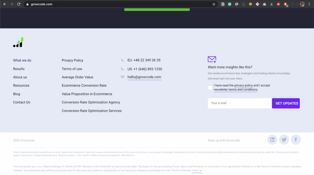 Growcode site footer newsletter signup form with an email field