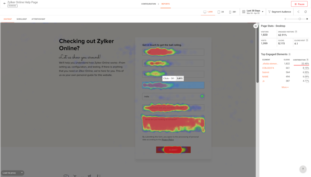 Heatmap report on a signup form showing click activity by field