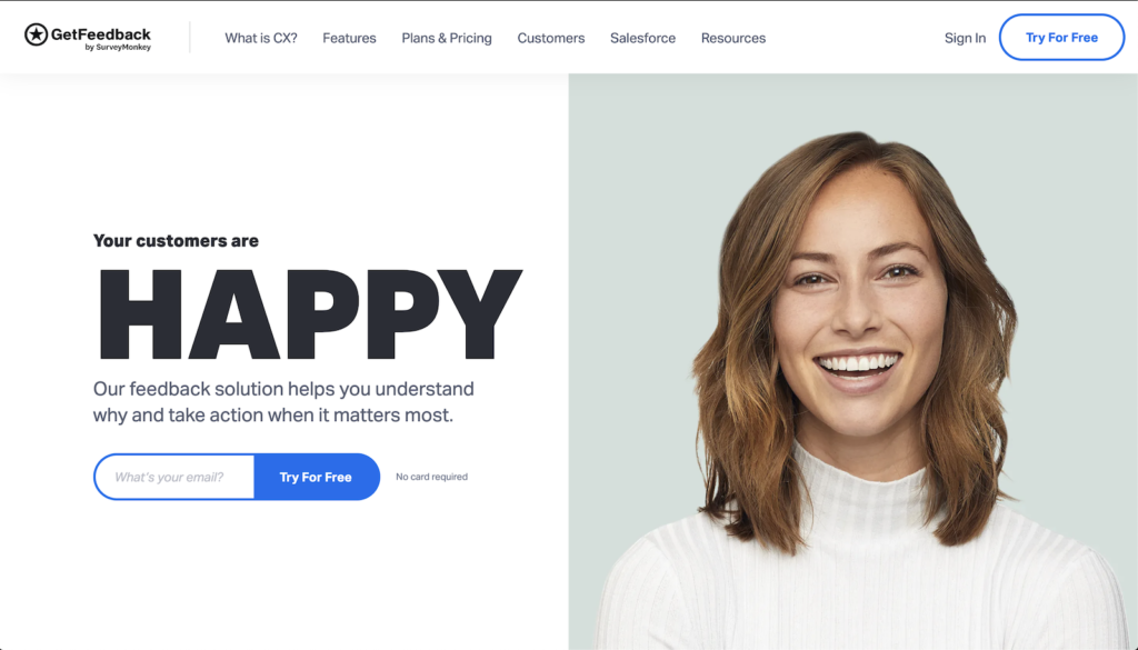 GetFeedback homepage with an inline email field under the headline Your customers are happy