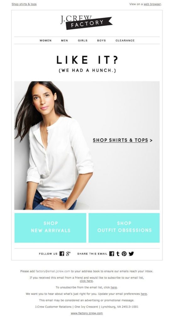 J.Crew Factory category abandonment email with the headline Like it, we had a hunch