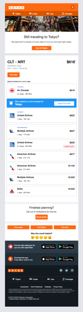 Kayak search abandonment email for a flight search with price listings