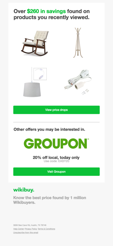 Wikibuy price drop email showing over $260 in savings plus a Groupon offer