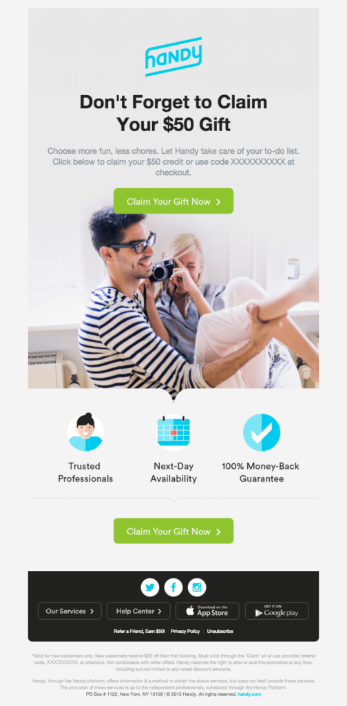 Handy reactivation email reminding customers to claim a $50 gift