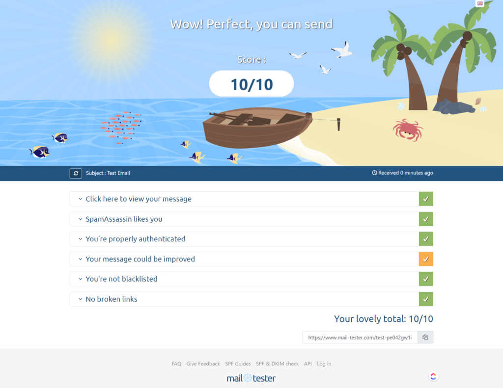 Mail-tester result showing a 10 out of 10 email deliverability score with checks passed