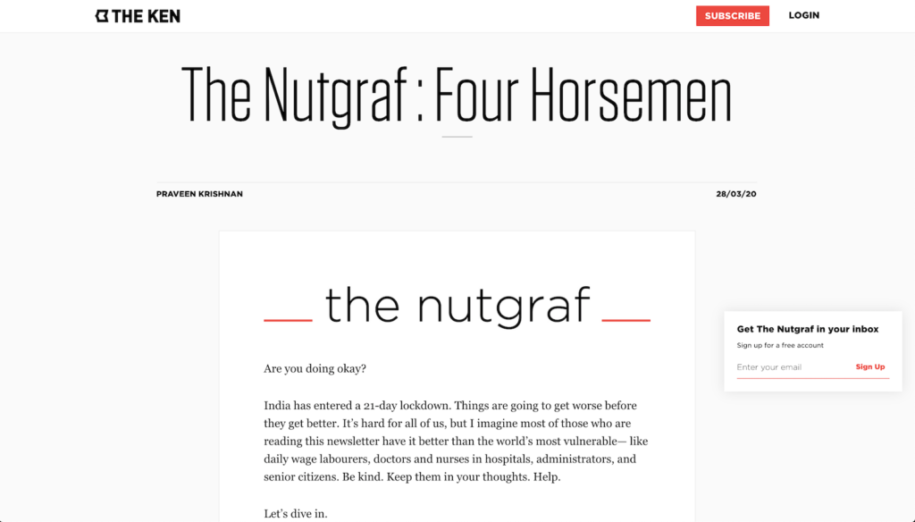 The Nutgraf newsletter page with a side sticky signup box