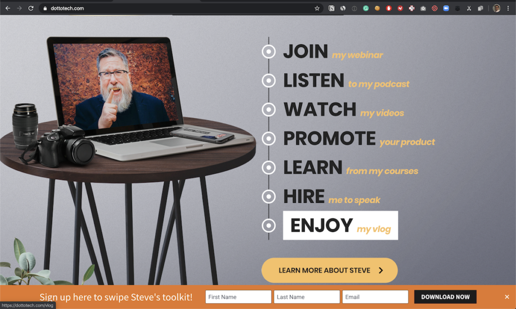 Sticky footer email signup bar on a podcast host website offering a free toolkit