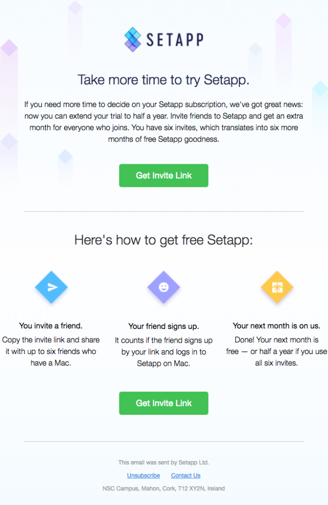 Setapp reactivation email offering more time to try the subscription