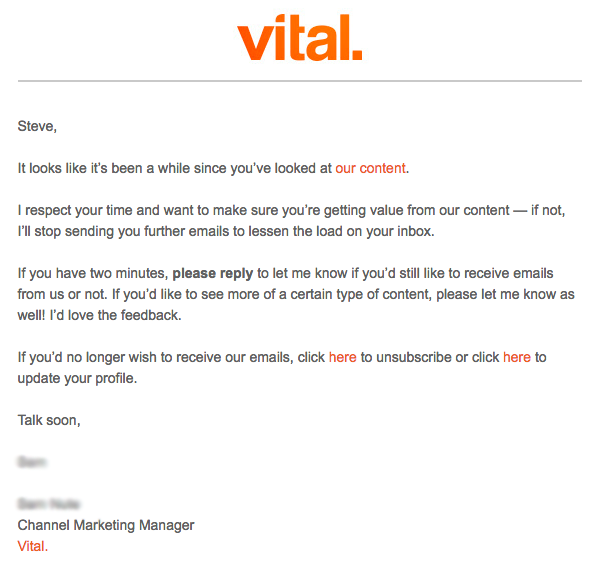 Vital plain text win back email asking subscribers to reply if they still want emails