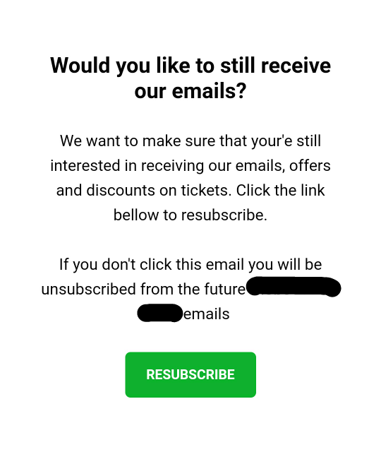 Re-permission email asking if you would like to still receive emails with a resubscribe button