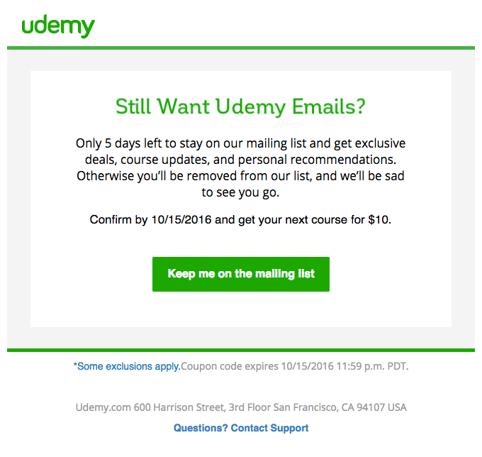 Udemy email asking Still Want Udemy Emails, with a keep me on the mailing list button