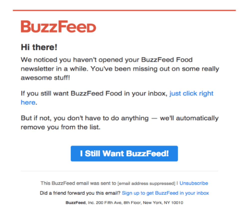 BuzzFeed Food re-permission email with a button saying I Still Want BuzzFeed