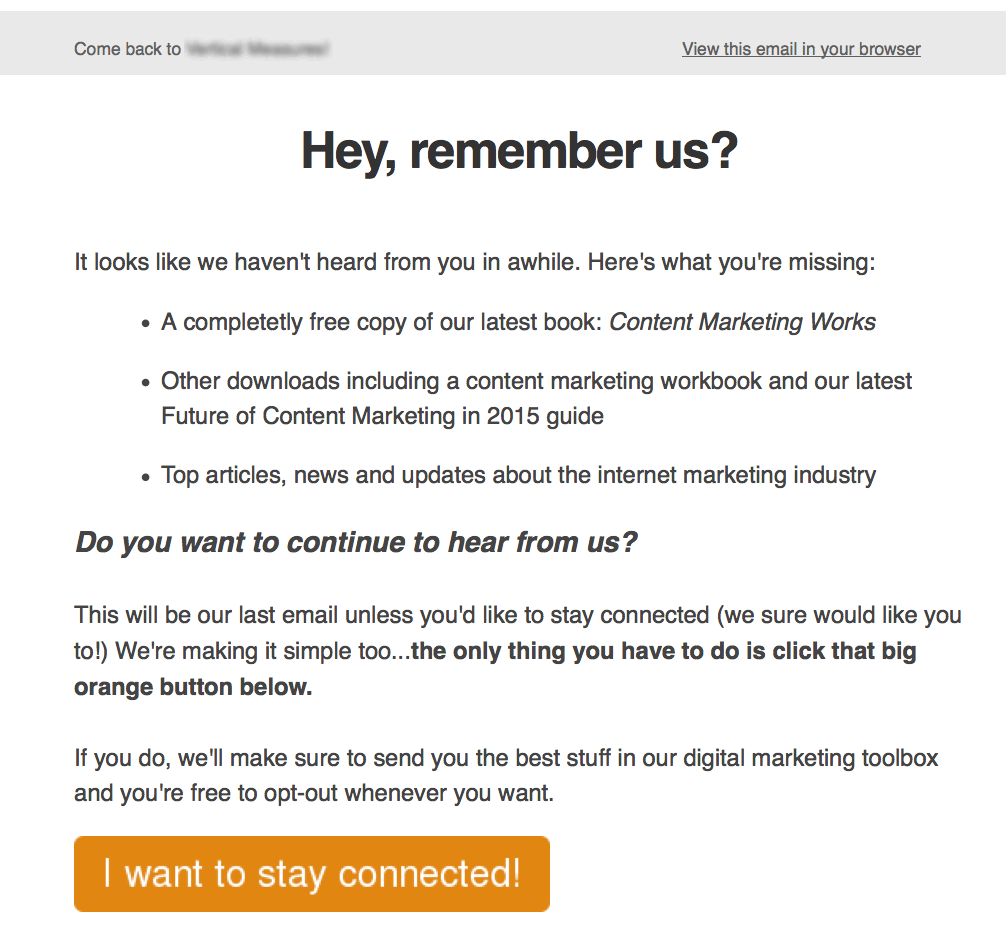 Re-permission email asking Hey, remember us with a stay connected button