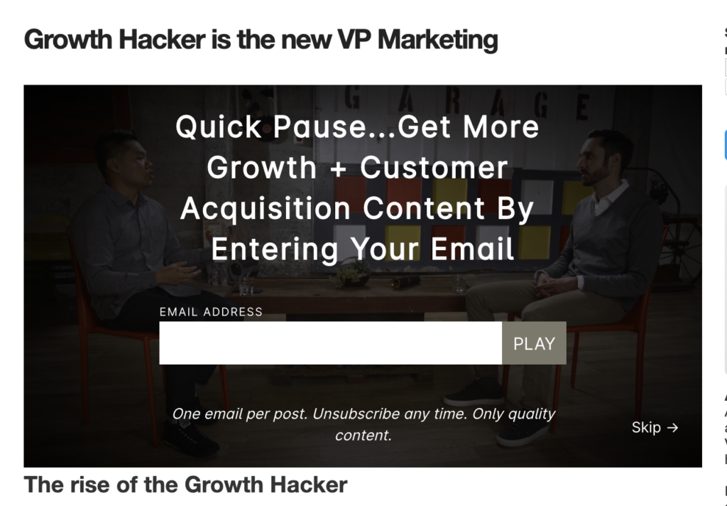Video blocker asking visitors to enter their email to continue, on a growth marketing page