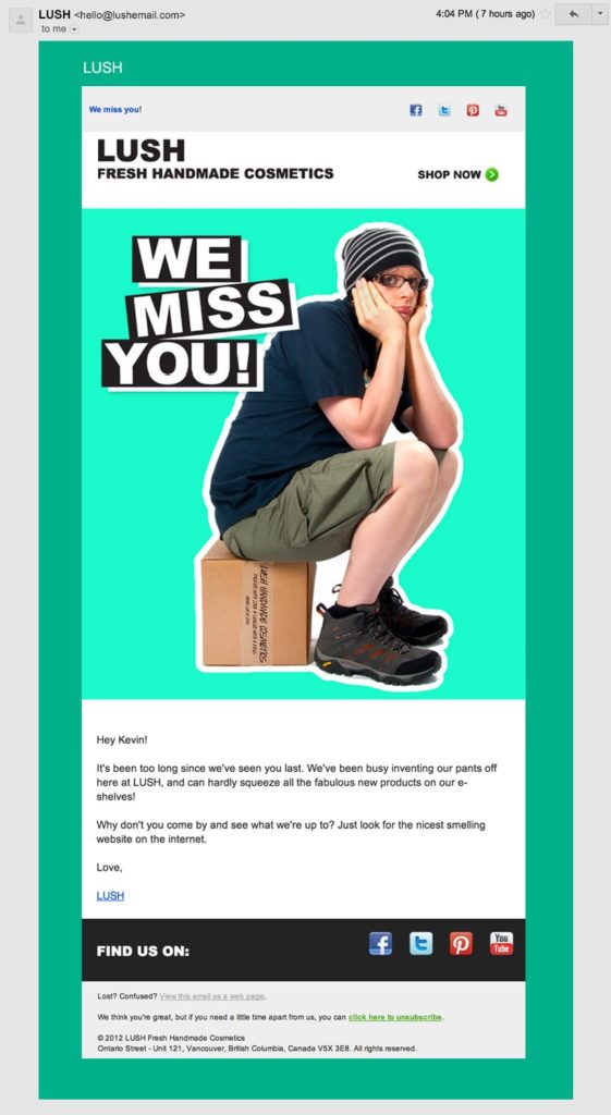 Lush We Miss You win back email with a bold green illustration