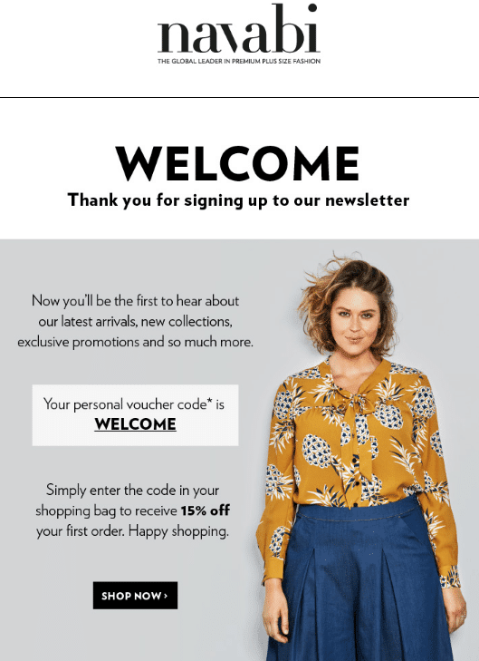 Navabi welcome email with a 15% off voucher code WELCOME
