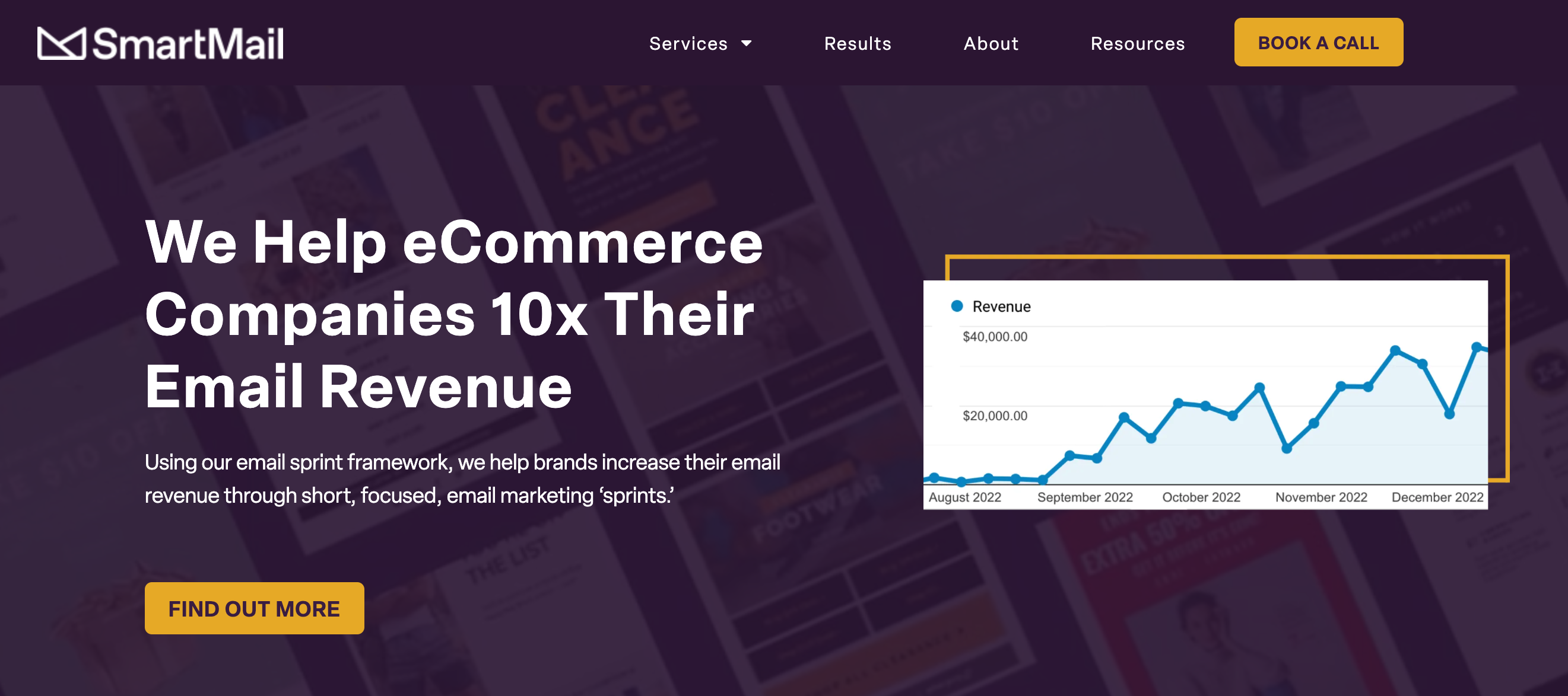 SmartMail agency homepage offering to help ecommerce companies 10x their email revenue