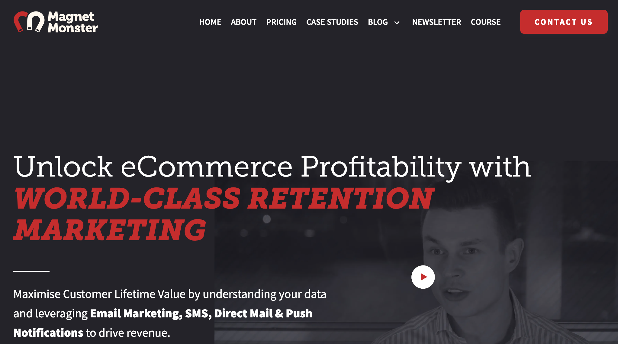 Magnet Monster agency homepage promising world-class retention marketing for ecommerce profitability