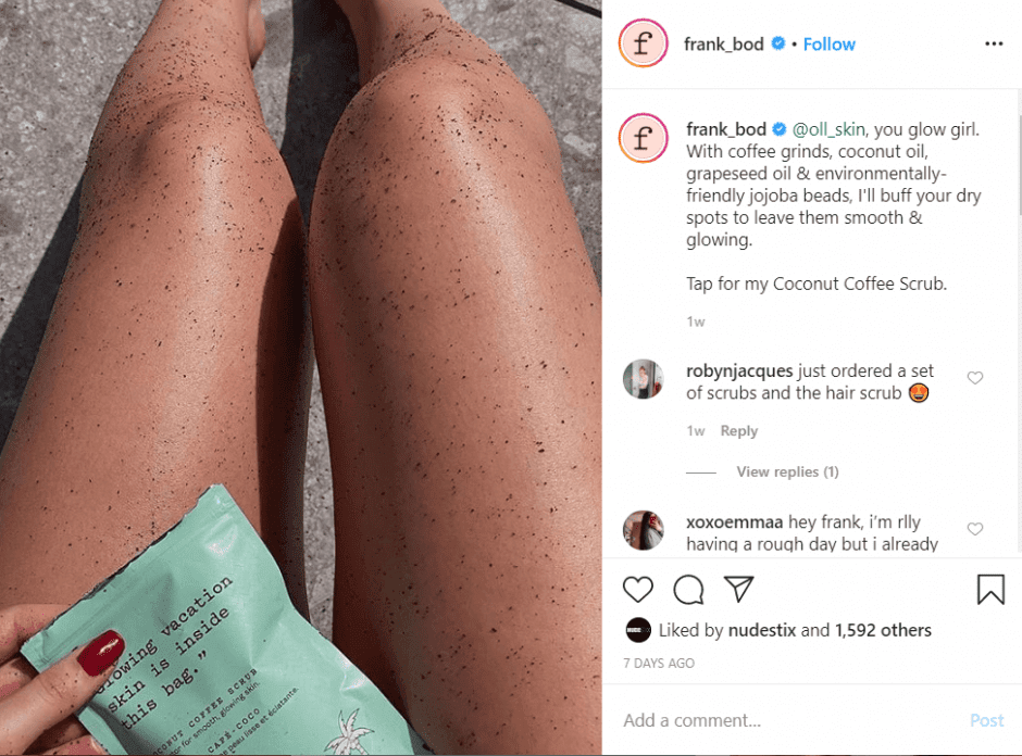 Frank Body coffee scrub review post on Instagram