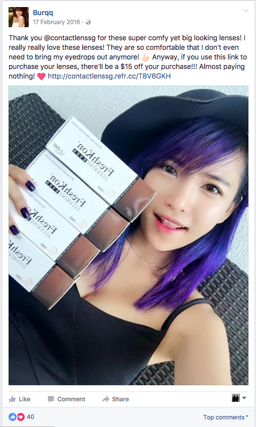 Influencer Facebook post with contact lenses and a referral link