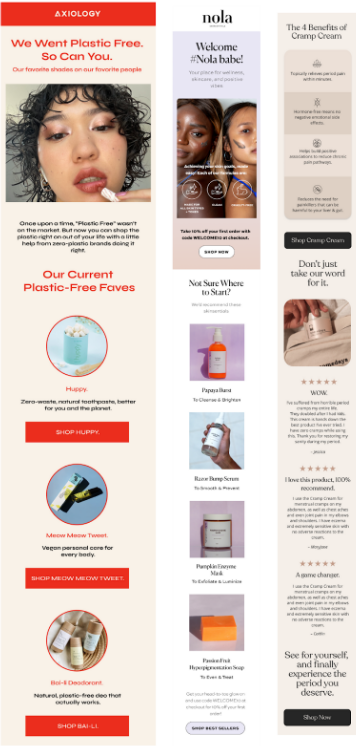 Three mobile friendly ecommerce emails in a single column