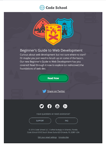 Code School email in a one column layout