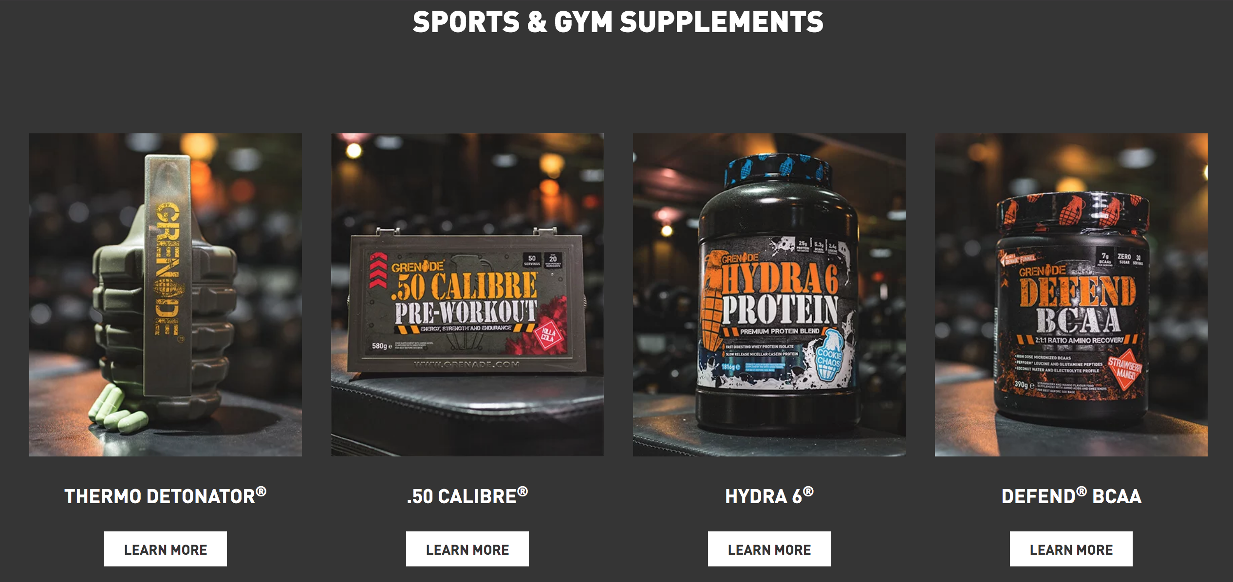 Grenade sports supplements in bold grenade style packaging