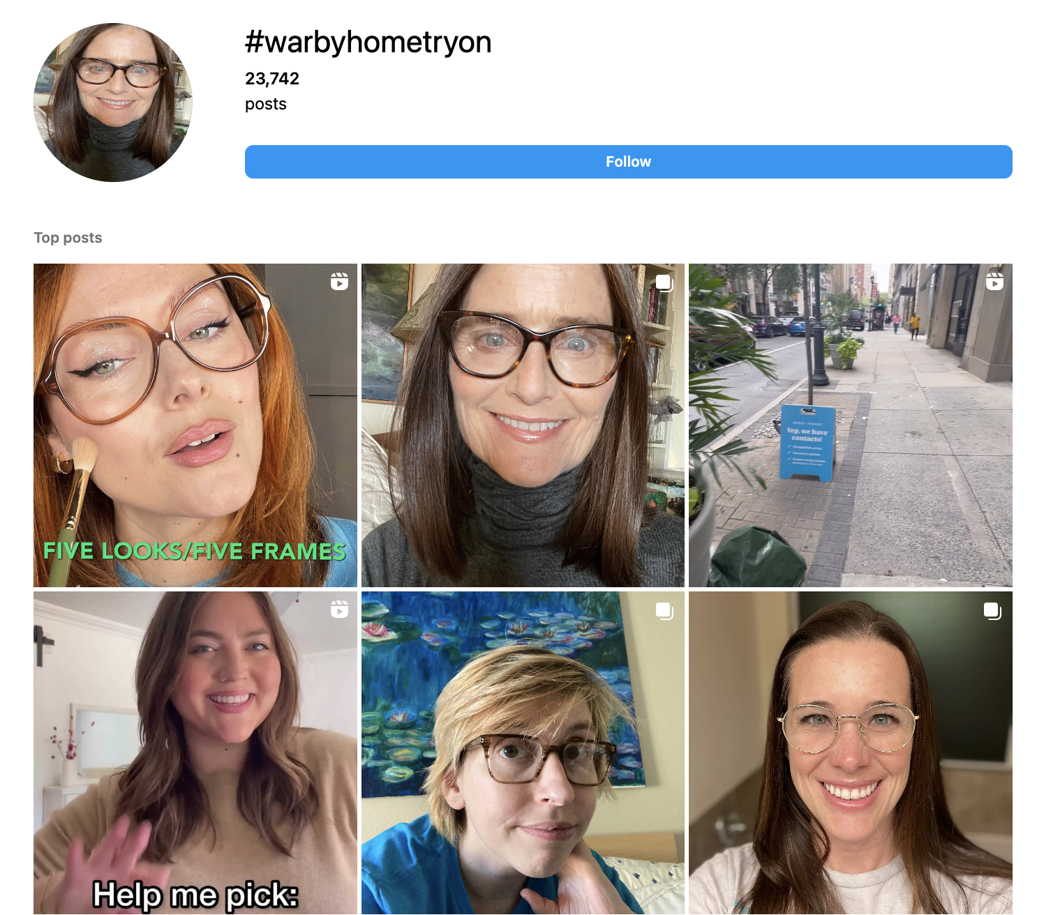 Warby Parker #warbyhometryon Instagram hashtag page with customer selfies