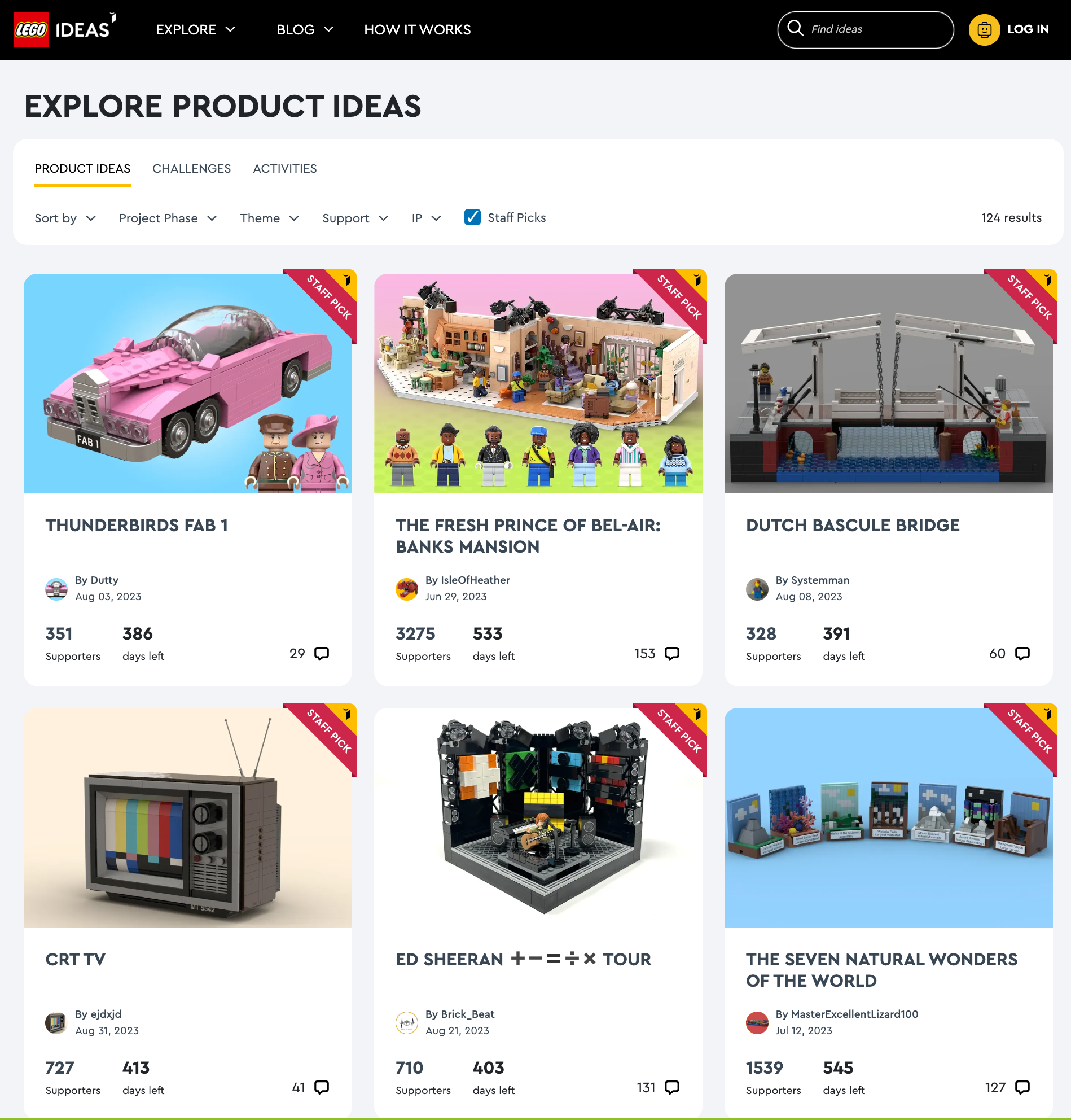 Lego Ideas community page showing fan product ideas