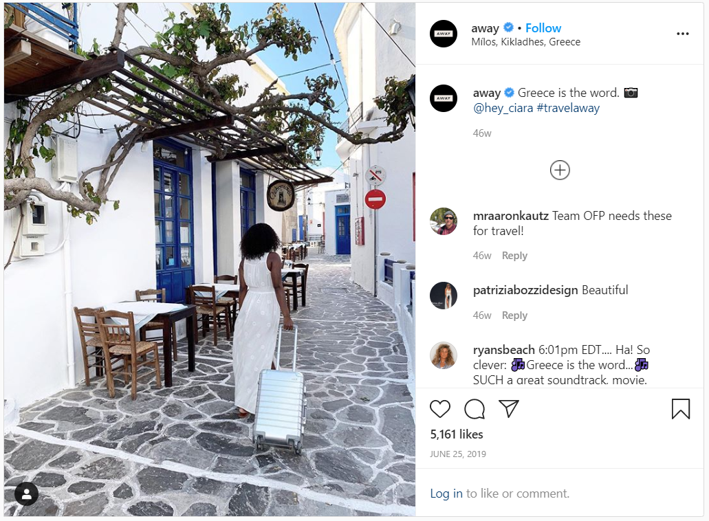 Away customer Instagram post in Greece with Away suitcase