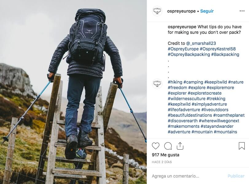 Osprey Europe Instagram post of a hiker with an Osprey backpack