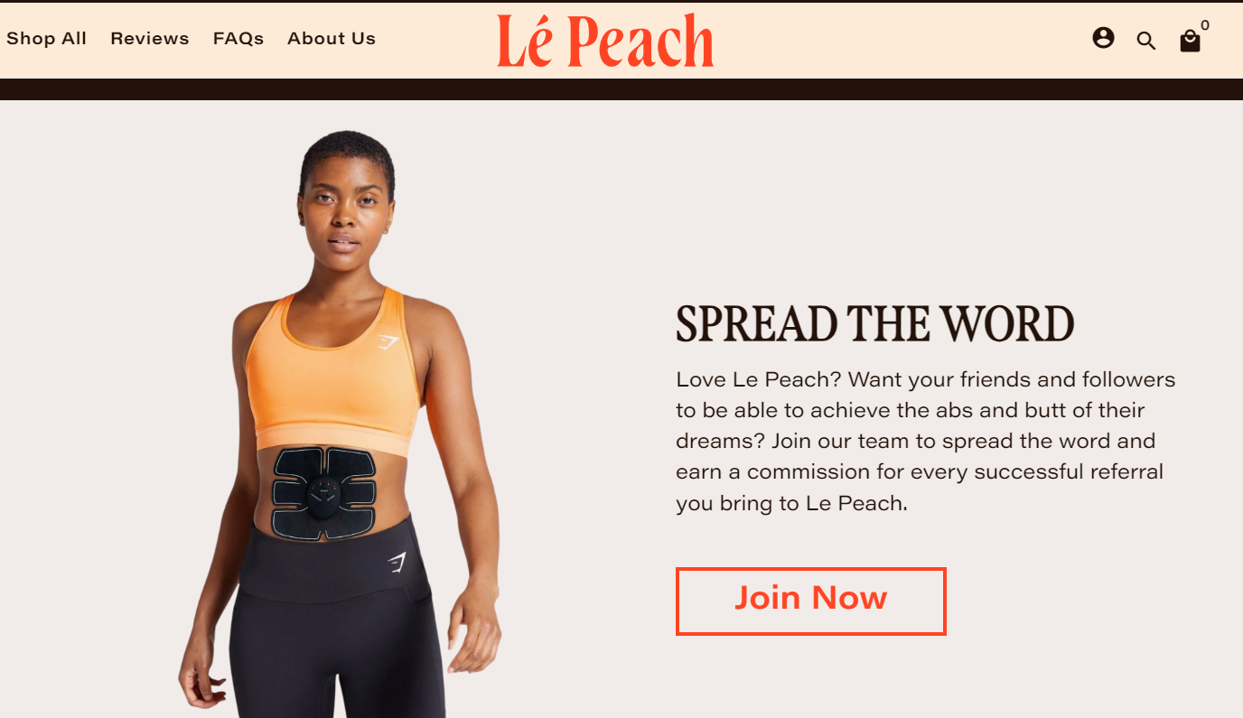 Le Peach Spread the Word referral page with commission offer