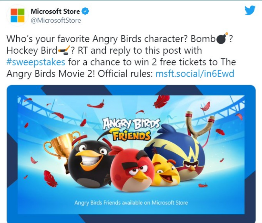 Microsoft Store Angry Birds sweepstakes tweet