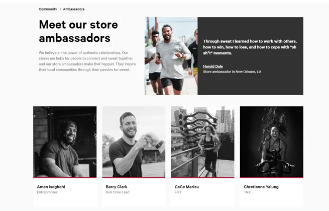 Lululemon Meet our store ambassadors page