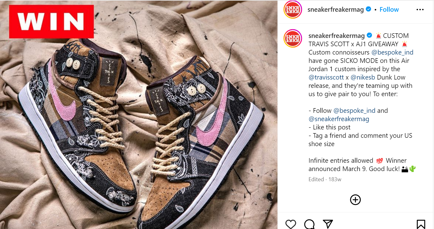 Sneaker Freaker Travis Scott sneaker giveaway on Instagram