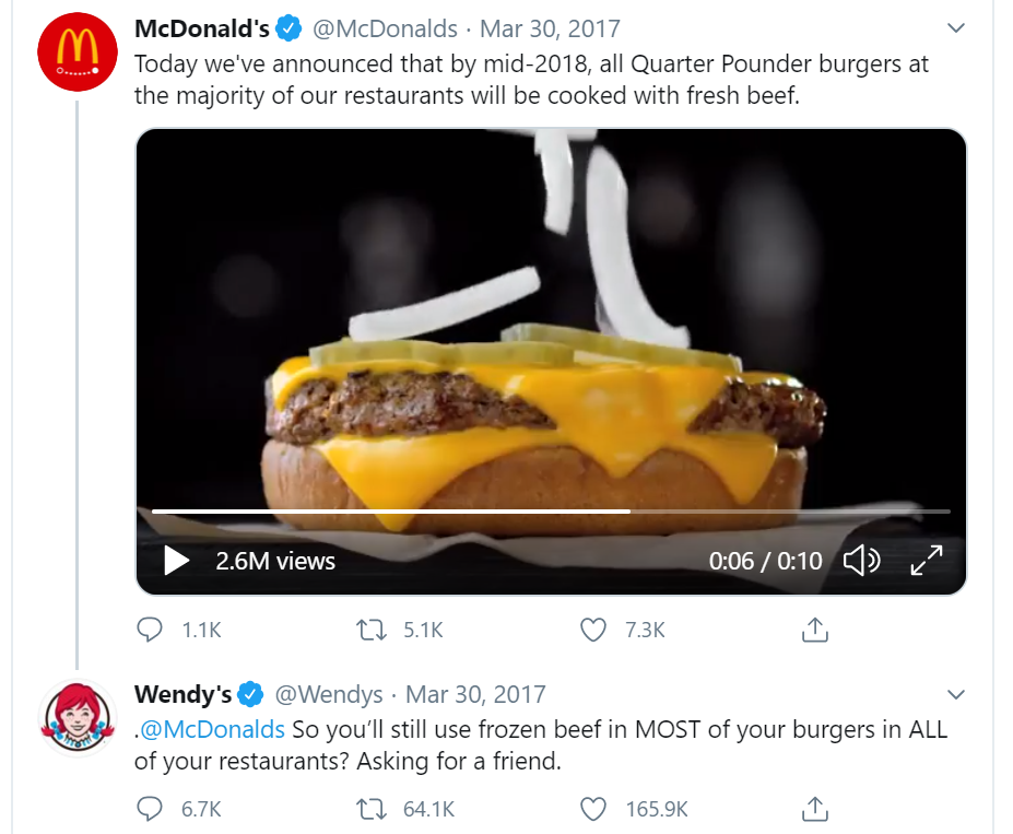 Wendys reply to McDonalds frozen beef tweet