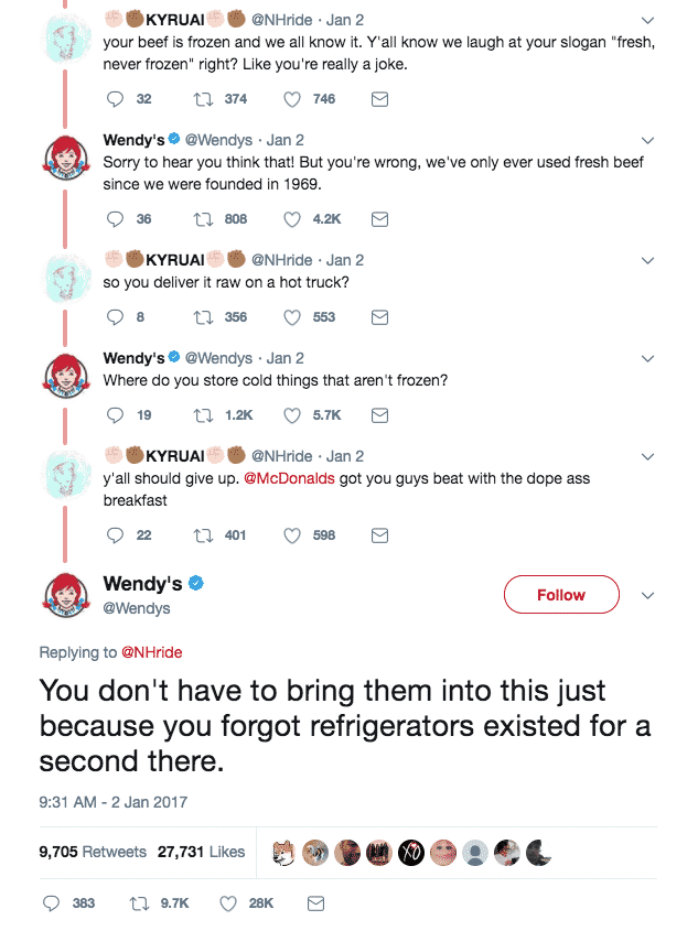 Wendys viral tweet thread roasting a user about frozen beef
