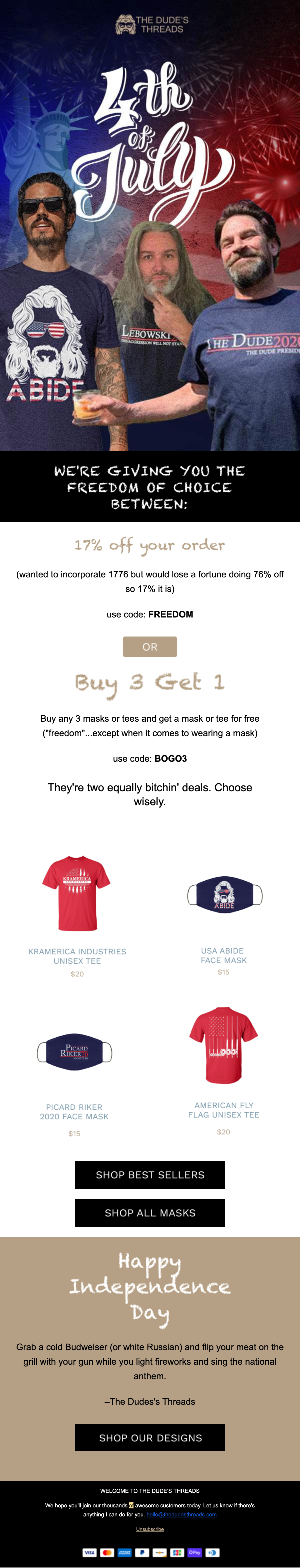 Fourth of July email with patriotic apparel and a holiday banner