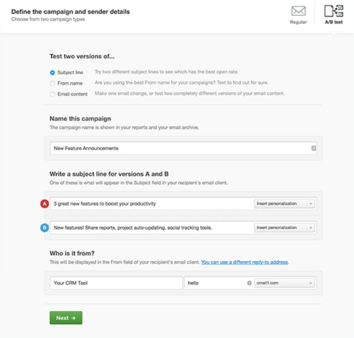 A/B test setup comparing two subject lines